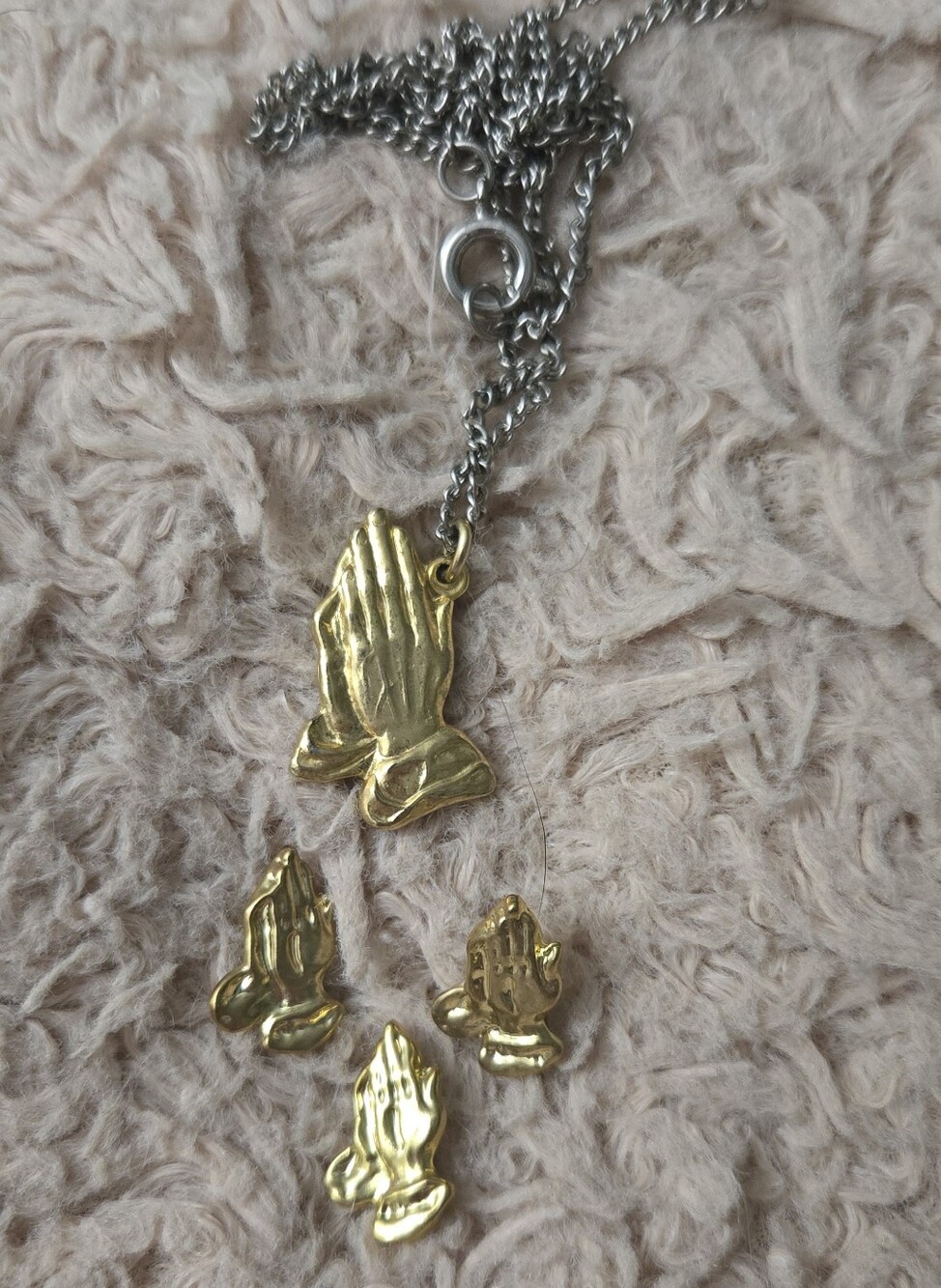 Gold Tone Praying Hands Charm Pendant Necklace and 3 Pins